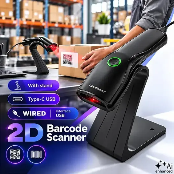 Qoltec 52750 – Žični čitač barkodova 1D/2D i QR kodova s postoljem, USB, crni
