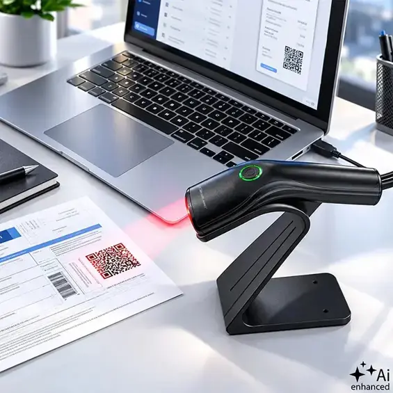 Qoltec 52750 – Žični čitač barkodova 1D/2D i QR kodova s postoljem, USB, crni