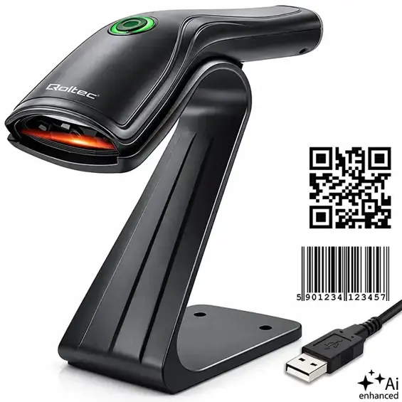 Qoltec 52750 – Žični čitač barkodova 1D/2D i QR kodova s postoljem, USB, crni