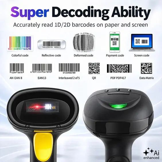 Qoltec 52753 – Bežični čitač barkodova 1D/2D i QR kodova s bazom za punjenje, USB, Bluetooth