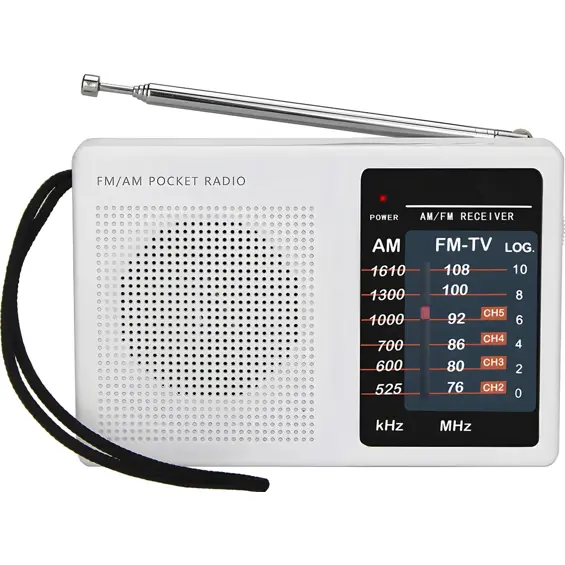 Retoo E848-1 prijenosni AM/FM radio – teleskopska antena, 3,5 mm priključak, baterijsko napajanje, bijeli