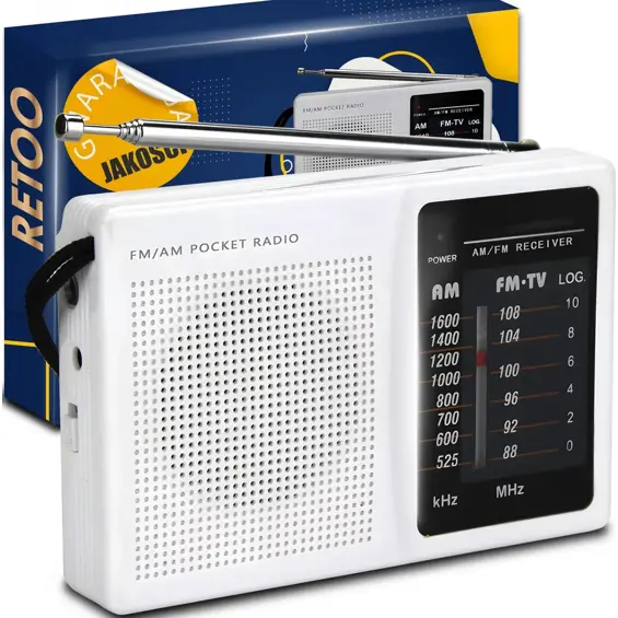 Retoo E848-1 prijenosni AM/FM radio – teleskopska antena, 3,5 mm priključak, baterijsko napajanje, bijeli