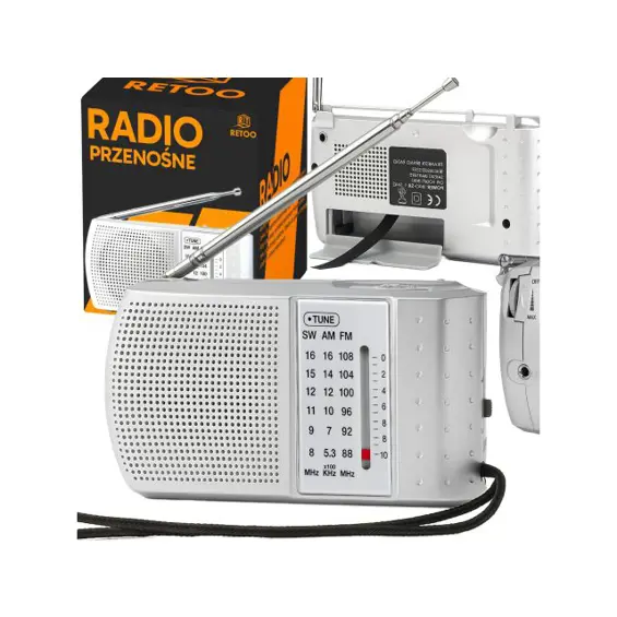 Retoo ER1070 prijenosni radio FM/AM/SW – 2,5" zvučnik, teleskopska antena, 3,5 mm priključak, srebrni