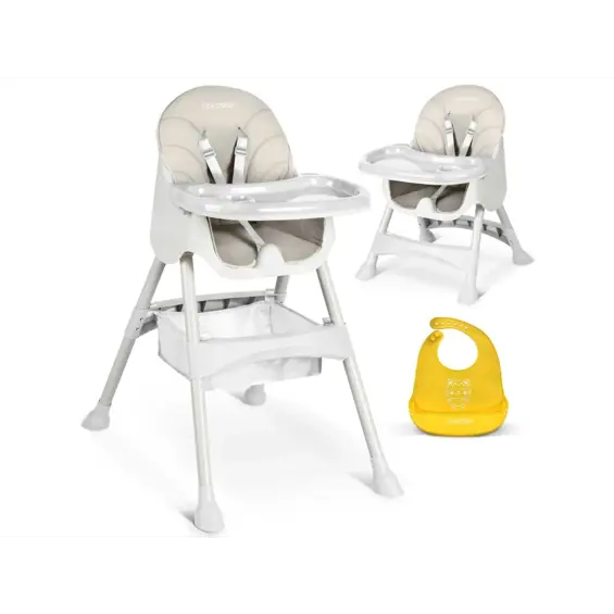 Ricokids Milo dječja stolica za hranjenje sa stolom + podbradnik, siva – 2u1 stolica i stol, podesiv pladanj, sigurnosni pojasevi