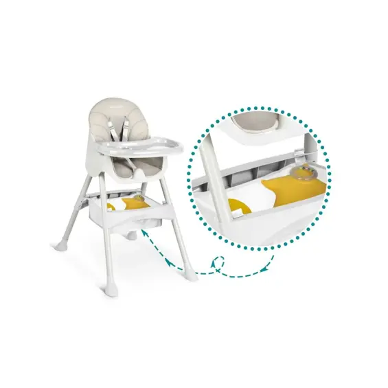 Ricokids Milo dječja stolica za hranjenje sa stolom + podbradnik, siva – 2u1 stolica i stol, podesiv pladanj, sigurnosni pojasevi