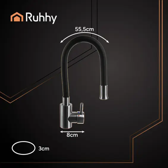 Ruhhy 26324 kuhinjska slavina s fleksibilnim izljevom 360°, perlator – crna/srebrna