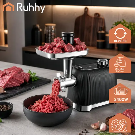 Ruhhy električna mašina za mljevenje mesa 2400 W, Reverse, 3 rešetke, do 2,5 kg/min