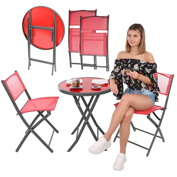 SASKA GARDEN 1056074 balkonski vrtni set – okrugli stol + 2 sklopive stolice, crveni