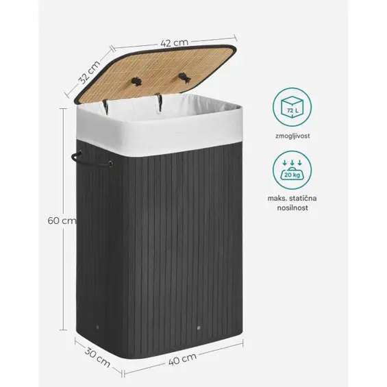 SONGMICS LCB10B – Sklopiva košara za rublje od bambusa, 72 L
