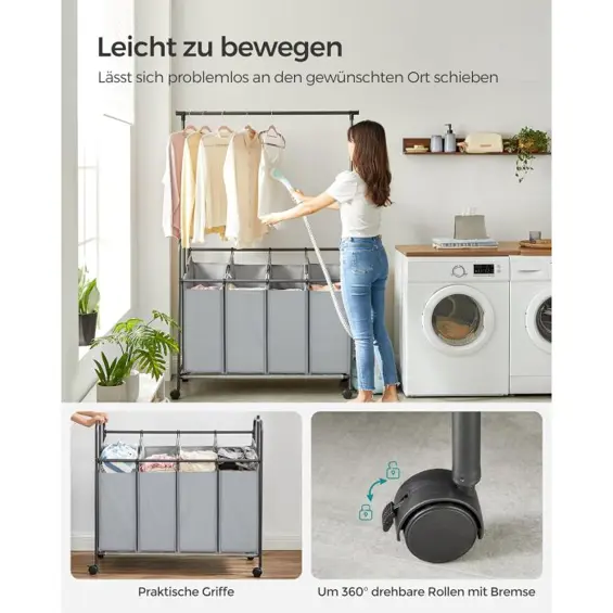 SONGMICS RLS44GS – Koš / sorter za rublje s 4 pregrade i šipkom za vješanje