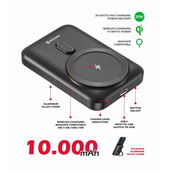 SWISSTEN Bežični Power Bank 10000mAh, PD 20W, USB-C, MagSafe Kompatibilan