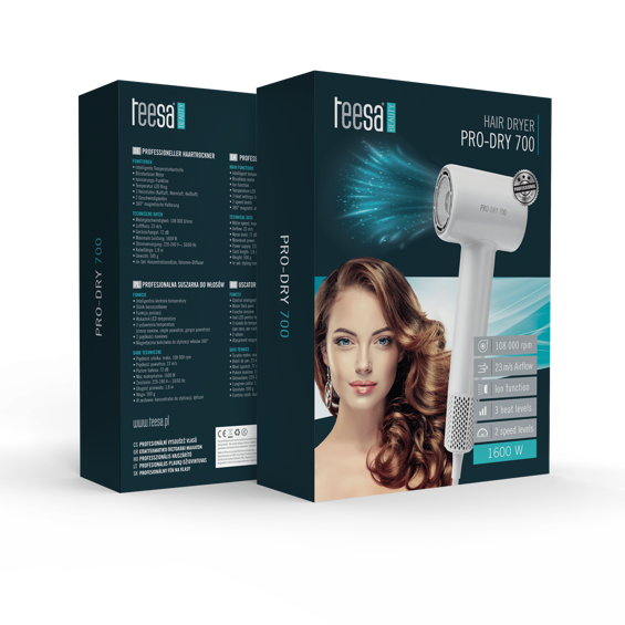TEESA PRO DRY 700 TSA0530 sušilo za kosu 1600 W – brushless motor, ionizacija, 108.000 o/min, difuzor, bijelo