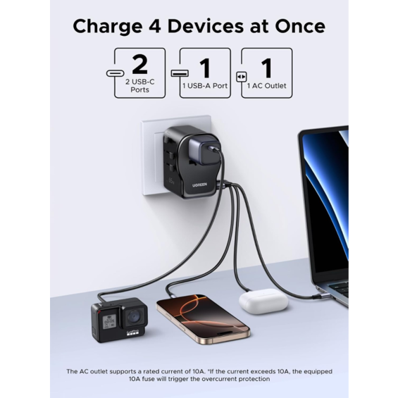 Ugreen 65W Univerzalni Putni Adapter – GaN Brzi Punjač s 2x USB-C + 1x USB-A i AC Utičnicom, Globalna Kompatibilnost