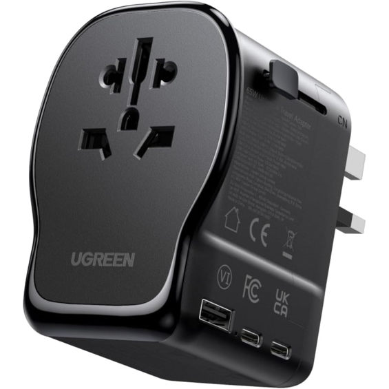 Ugreen 65W Univerzalni Putni Adapter – GaN Brzi Punjač s 2x USB-C + 1x USB-A i AC Utičnicom, Globalna Kompatibilnost