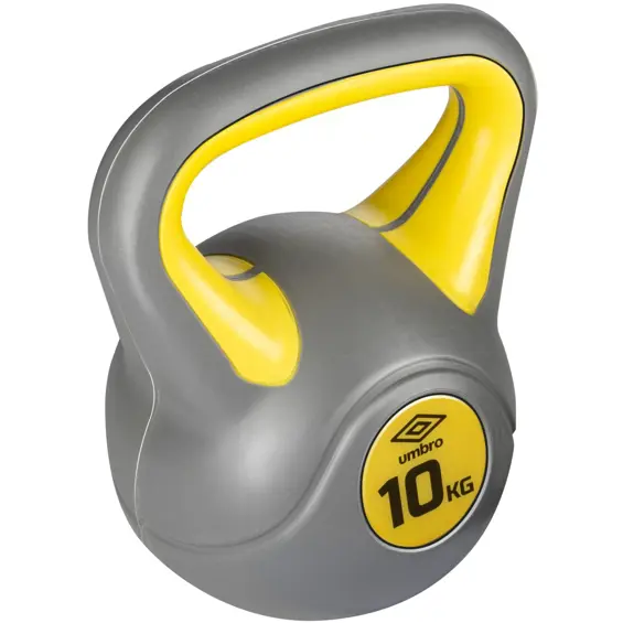 Umbro kettlebell uteg 10 kg – kompozitni, ergonomska ručka, ravna baza, sivo-žuti