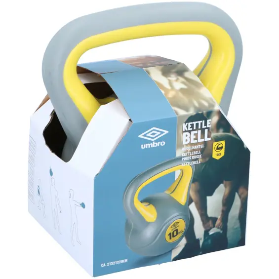 Umbro kettlebell uteg 10 kg – kompozitni, ergonomska ručka, ravna baza, sivo-žuti