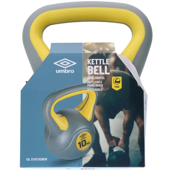 Umbro kettlebell uteg 10 kg – kompozitni, ergonomska ručka, ravna baza, sivo-žuti