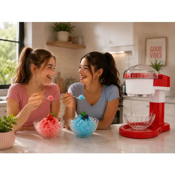 VERK 07555 aparat za granitu i slushy 30 W, drobilica leda + posuda – crveno-bijeli