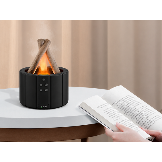 VERK 24615_CZ USB ovlaživač zraka i aroma difuzor 250 ml, RGB LED efekt kamina + daljinski – crni