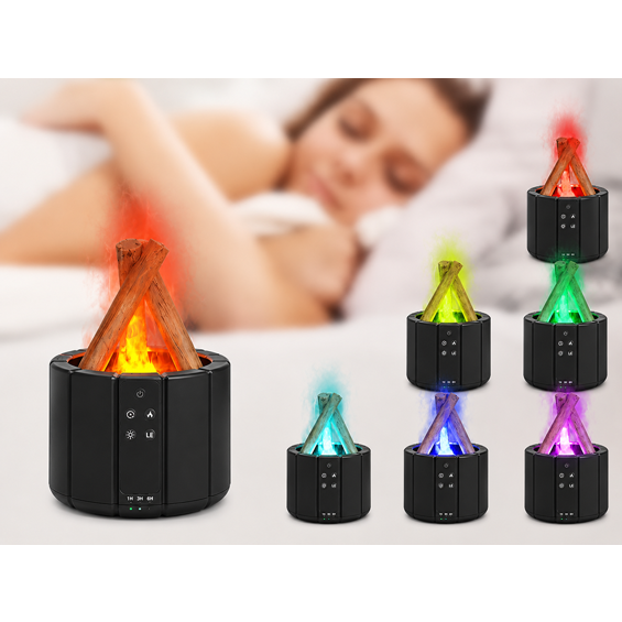 VERK 24615_CZ USB ovlaživač zraka i aroma difuzor 250 ml, RGB LED efekt kamina + daljinski – crni