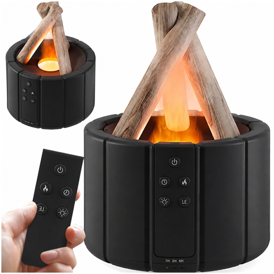 VERK 24615_CZ USB ovlaživač zraka i aroma difuzor 250 ml, RGB LED efekt kamina + daljinski – crni