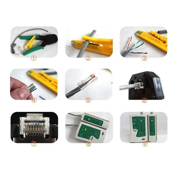 Verk LAN Alatni Set za Mreže – Tester, Kliješta za RJ45, LSA Alat, 10 RJ45 Konektora, Torbica