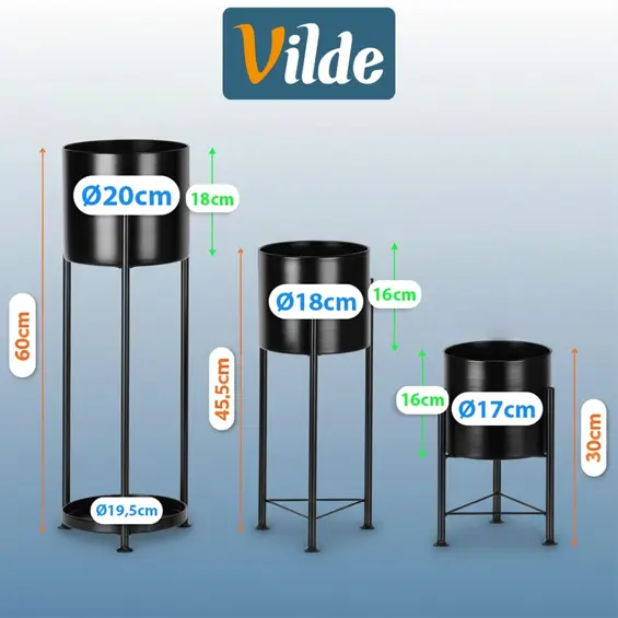 Vilde set metalnih stalaka za cvijeće s posudama – 3 komada, crni