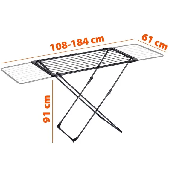 Vilde XXL teleskopsko sklopivo sušilo za rublje 108–182 cm, 16,8 m, s kotačima – crno