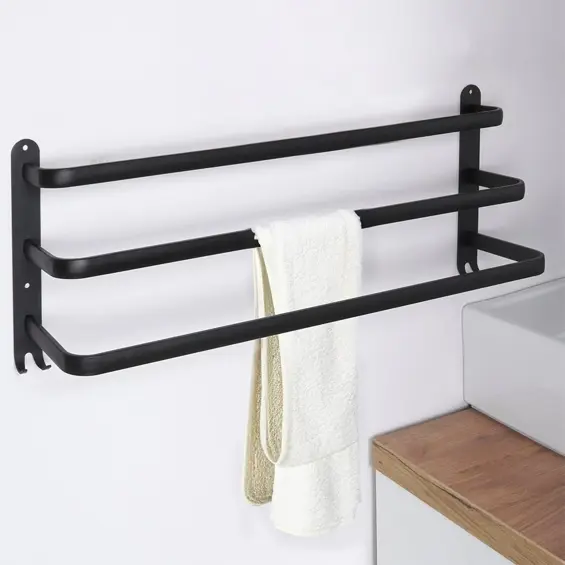 Vilde zidni držač za ručnike 60 cm, 3 prečke + 4 kukice, aluminij – crni