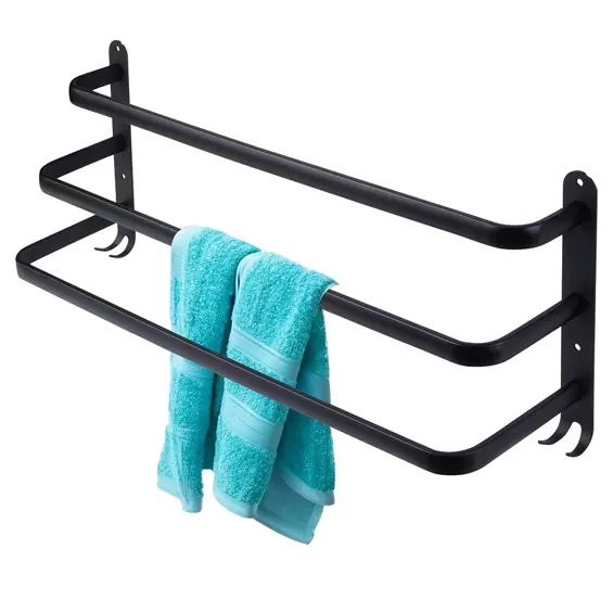 Vilde zidni držač za ručnike 60 cm, 3 prečke + 4 kukice, aluminij – crni