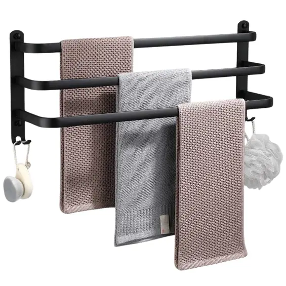 Vilde zidni držač za ručnike 60 cm, 3 prečke + 4 kukice, aluminij – crni