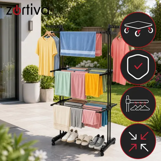 ZORTIVA XXL vertikalno sklopivo sušilo za rublje na kotačima 178 cm – 3 razine